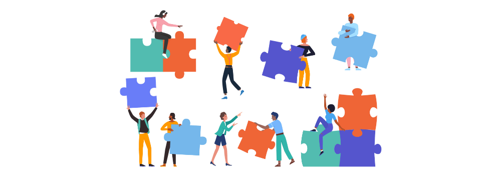 People building creative puzzle concept vector illustration. Cartoon man woman group of characters wearing casual clothes, holding puzzle jigsaw pieces to create success idea startup background