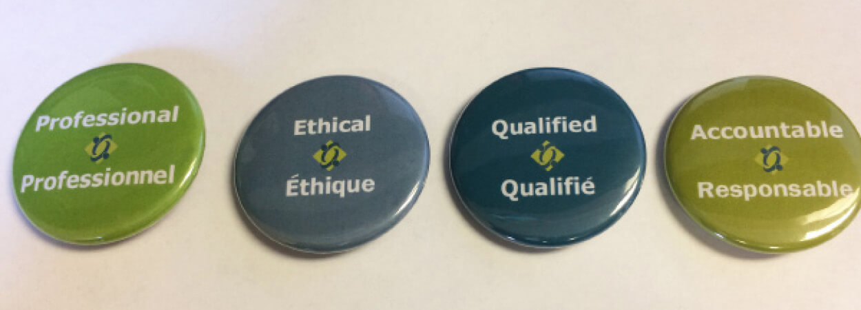 professional, ethical, qualified, accountable buttons
